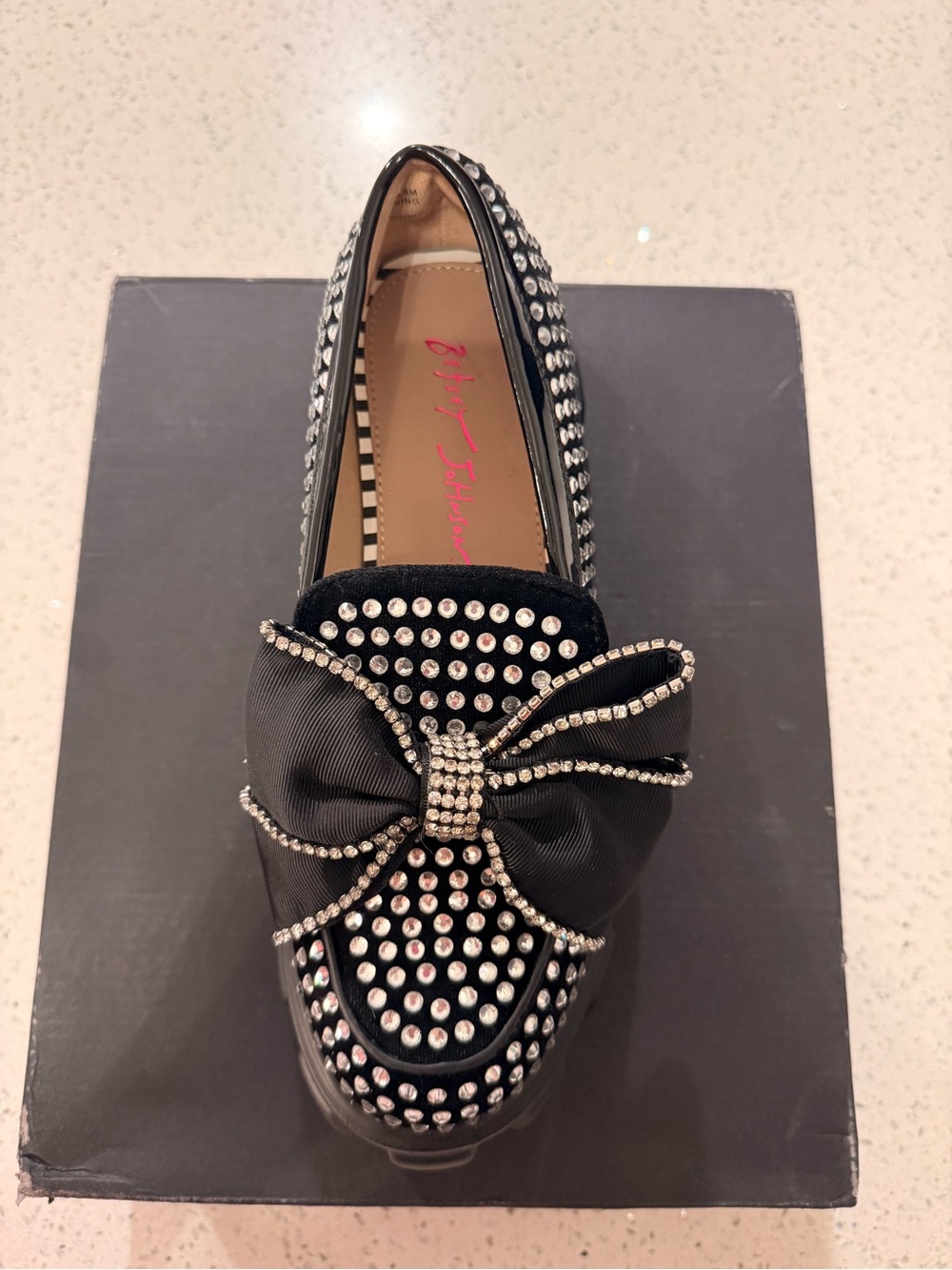 Betsey Johnson Black Crystal-Studded Platform Loafers with Bow - Picture 4 of 4